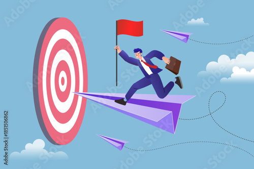 Businessman flying on paper plane towards target bullseye holding flag, representing strategic goal achievement and leadership. A concept of business success, startup launch, and clear direction.