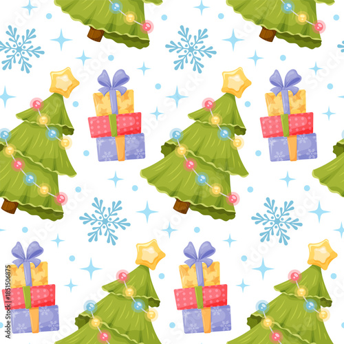 cute seamless pattern with christmas trees with garland and gift boxes