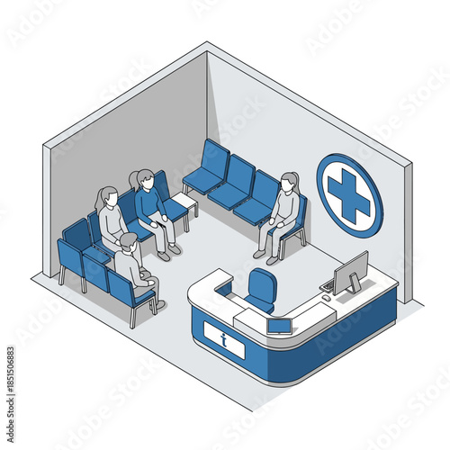 Isometric illustration of a hospital waiting room with patients and a reception desk.
