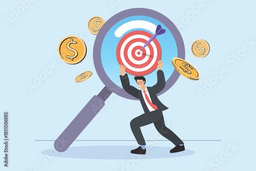 Businessman lifting target under magnifying glass with dollar coins representing financial focus and profitable market analysis. A concept of finding investment success and strategic business goal.