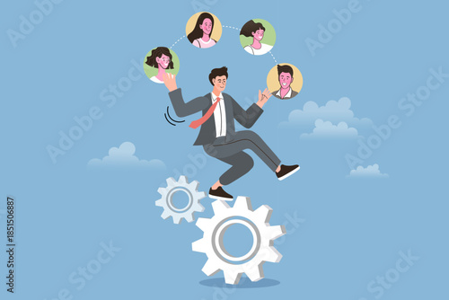 Businessman juggling employee profiles while balancing on gears, symbolizing human resource management and multitasking. A concept of talent acquisition, team leadership, and workflow efficiency.