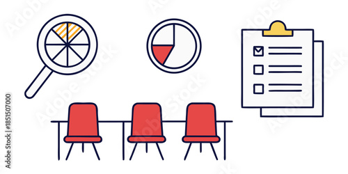 Business analysis planning review and waiting area icons representing interview or meeting preparation