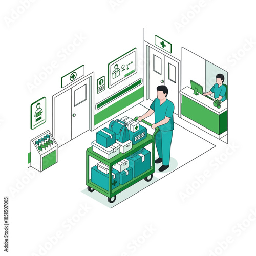 Medical professional pushing a cart with supplies in a hospital hallway, with a receptionist at a desk.