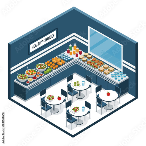 Isometric illustration of a modern cafeteria with a healthy food buffet and dining area.