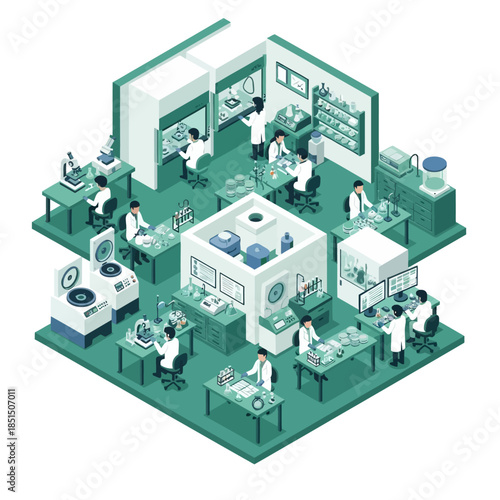 Isometric illustration of a bustling science laboratory with researchers conducting experiments and using various lab equipment.