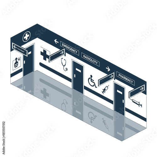 Isometric illustration of a hospital corridor with signs for emergency, radiology, and pharmacy departments.