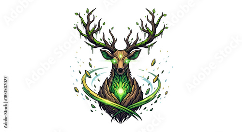 Majestic glowing deer with vibrant green antlers and leaves