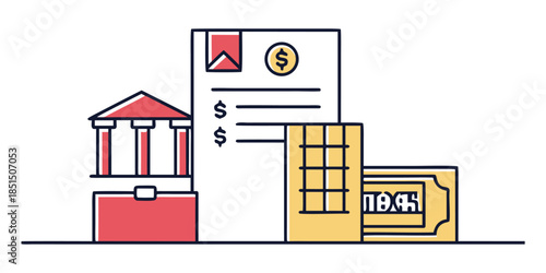 Finance and banking concept showing a bank building a statement and currency in a modern icon style