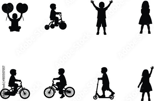 Children silhouettes set, kids playing with balloons bikes and scooters isolated on white background, childhood activity vector illustration collection