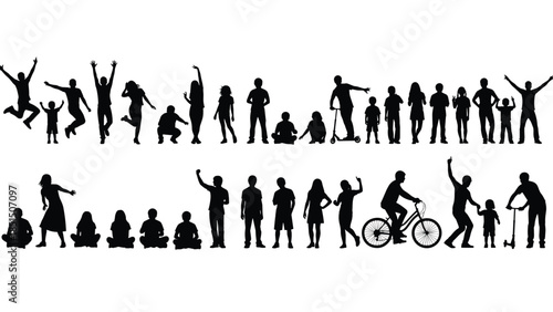 Large set of diverse people silhouettes in various active poses like jumping, walking, sitting, cycling, and playing on white background.