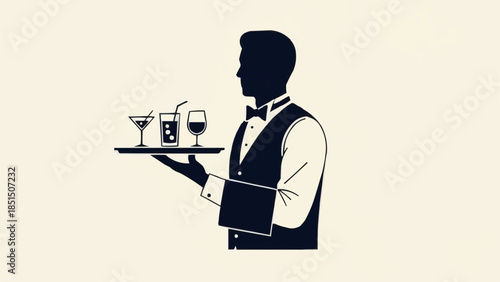 Waiter Serving Drinks on a Tray Silhouette.