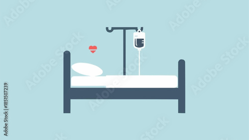 Hospital bed with IV drip and medical equipment.