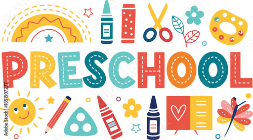 Colorful preschool design with cheerful sun and rainbow for back to school promotions or early childhood education materials that inspire learning fun