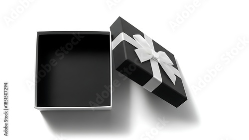 Elegant Black Gift Box with White Ribbon Open on White Background.