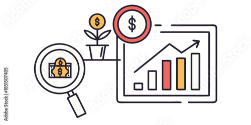 Financial analysis concept showing magnifying glass growth chart and money plant illustration