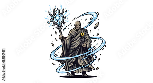 Mystical wizard wielding magical staff with swirling blue energy