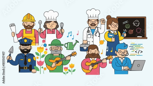 Diverse Group of Professionals and Hobbyists Depicted in a Colorful Illustration.
