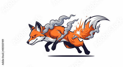 Dynamic cartoon fox on fire running fast with smoke and flames