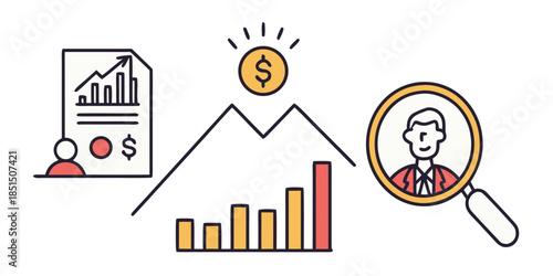 Business growth strategy review showing financial reports, increasing profits, and talent search icons