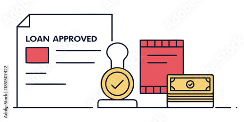 Illustration of a loan approval document stamped and ready with money for financial success
