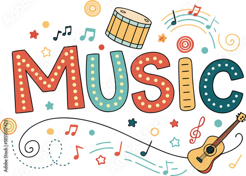 Celebrate the joy of music with this vibrant illustration featuring instruments, notes, and playful elements for posters, cards, and educational projects
