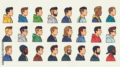 Diverse Group of Mens Profile Portraits in Various Styles.