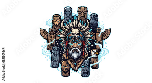 Vibrant illustration of a Native American shaman surrounded by totem poles and wildlife