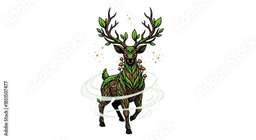 Majestic stag with vibrant green leaves and mushrooms on body and antlers running