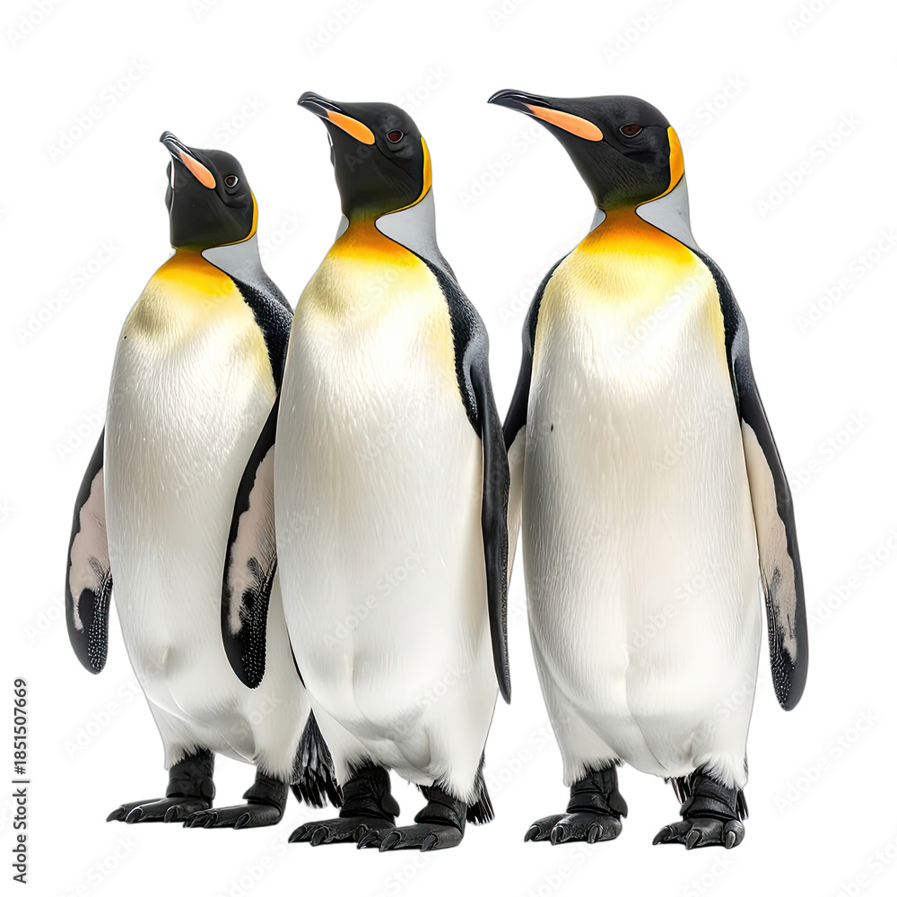 Fototapeta premium Three majestic King Penguins stand prominently against a stark black background.