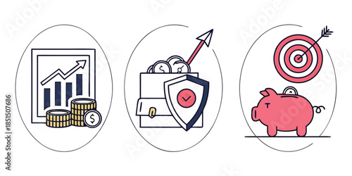 Three key concepts illustrating financial growth security and achieving saving goals with icons