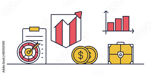 Financial planning and strategy icons representing goal achievement business growth and monetary success