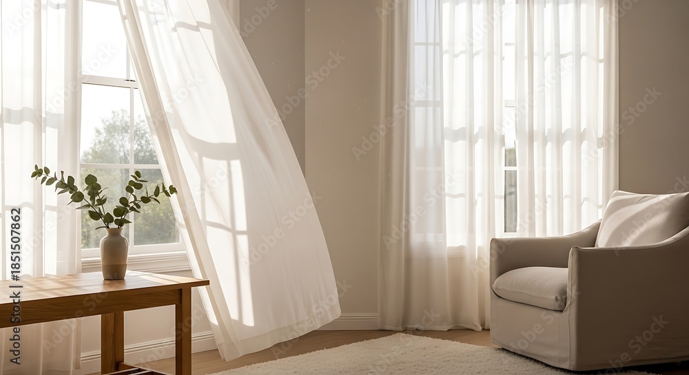 Fototapeta premium Bright interior featuring a soft armchair and sunlit sheer curtains