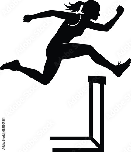 Female athlete hurdling silhouette illustration, track and field competition, sprint jump action, sports training, fitness performance, athletic motion vector