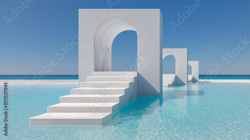 Minimalist white marble arches with steps in a turquoise swimming pool