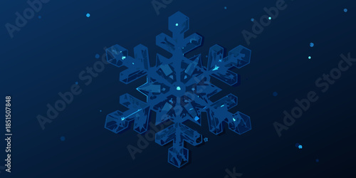 A detailed crystalline snowflake illustration against a dark blue background