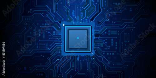 A digital circuit board with a central processing unit at its core