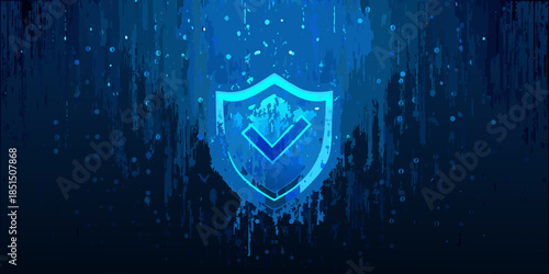 A glowing blue shield with a checkmark symbolizes digital security and protection