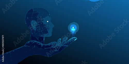 Digital mind holding a glowing human figure in a futuristic concept art