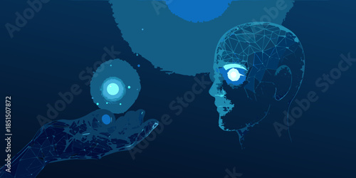 A digital human profile contemplates a glowing orb of light and energy