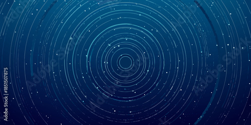 Abstract blue background with concentric circles and scattered sparkling dots