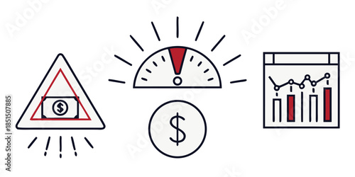 Financial risk indicator with gauge meter warning and business performance chart icons