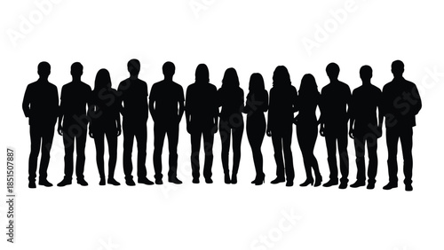 A line of people standing together depicted as a dark striking silhouette