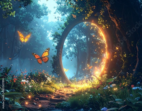A luminous portal encircled by a tree trunk illuminates a forest path. Butterflies flit around the opening, creating a mystical and magical scene