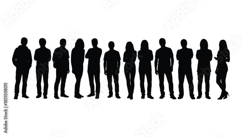 A line of diverse people standing together depicted as a striking black silhouette