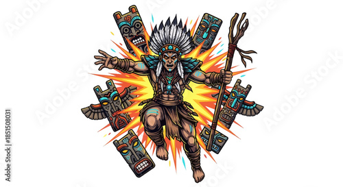 Vibrant Native American warrior with totem poles in dynamic action pose
