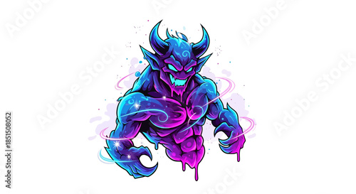 Vibrant purple and blue demon creature with glowing eyes and swirling magic