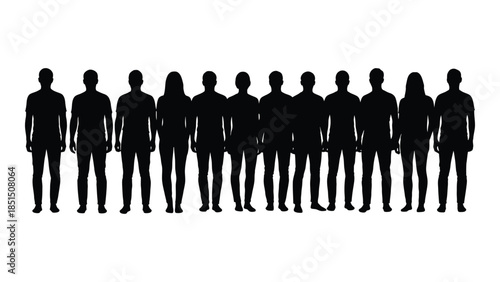 A line of people standing closely together depicted as a dark striking silhouette