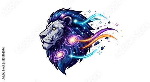 Majestic lion's head with cosmic galaxy swirls and stars
