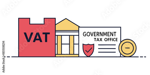 Illustration representing value added tax compliance, government tax office, and financial obligations