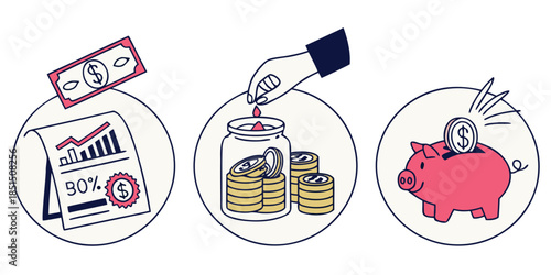Financial planning icons illustrate saving goals progress investment returns and depositing money securely
